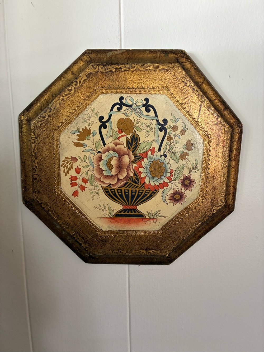 Vintage Italian Made Art Floral Basket Octagonal Wall Plaque Wall Art
